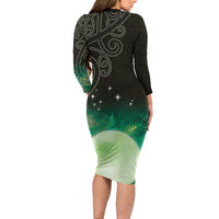 New Zealand Matariki Long Sleeve Bodycon Dress Pleiades Star Cluster Green Galaxy
