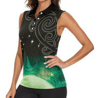 New Zealand Matariki Women Sleeveless Polo Shirt Pleiades Star Cluster Green Galaxy LT05 - Polynesian Pride