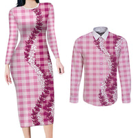 Pink Hawaii Palaka Couples Matching Long Sleeve Bodycon Dress and Long Sleeve Button Shirt Hawaiian Honohono Lei LT05 Pink - Polynesian Pride