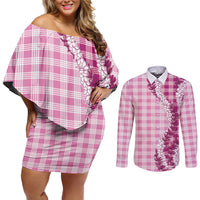Pink Hawaii Palaka Couples Matching Off Shoulder Short Dress and Long Sleeve Button Shirt Hawaiian Honohono Lei
