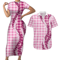 Pink Hawaii Palaka Couples Matching Short Sleeve Bodycon Dress and Hawaiian Shirt Hawaiian Honohono Lei LT05 Pink - Polynesian Pride