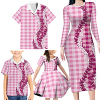 Pink Hawaii Palaka Family Matching Long Sleeve Bodycon Dress and Hawaiian Shirt Hawaiian Honohono Lei LT05 - Polynesian Pride