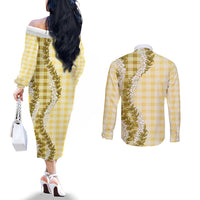 Yellow Hawaii Palaka Couples Matching Off The Shoulder Long Sleeve Dress and Long Sleeve Button Shirt Hawaiian Honohono Lei LT05 - Polynesian Pride