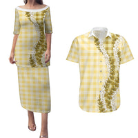 Yellow Hawaii Palaka Couples Matching Puletasi and Hawaiian Shirt Hawaiian Honohono Lei