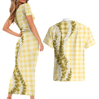 Yellow Hawaii Palaka Couples Matching Short Sleeve Bodycon Dress and Hawaiian Shirt Hawaiian Honohono Lei LT05 - Polynesian Pride