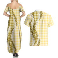 Yellow Hawaii Palaka Couples Matching Summer Maxi Dress and Hawaiian Shirt Hawaiian Honohono Lei LT05 - Polynesian Pride
