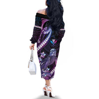 Hawaiian Monk Seal Family Matching Off The Shoulder Long Sleeve Dress and Hawaiian Shirt Kakau Tribal Pattern Violet Gradient LT05 - Polynesian Pride