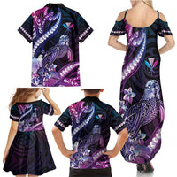 Hawaiian Monk Seal Family Matching Summer Maxi Dress and Hawaiian Shirt Kakau Tribal Pattern Violet Gradient LT05 - Polynesian Pride