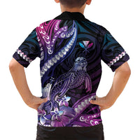 Hawaiian Monk Seal Family Matching Tank Maxi Dress and Hawaiian Shirt Kakau Tribal Pattern Violet Gradient