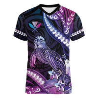 Hawaiian Monk Seal Women V-Neck T-Shirt Kakau Tribal Pattern Violet Gradient