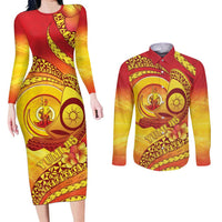 Vanuatu 46 Yia Indipendens Anivesari Couples Matching Long Sleeve Bodycon Dress and Long Sleeve Button Shirt Tamtam Drum With Boar Tusk LT05 Yellow - Polynesian Pride