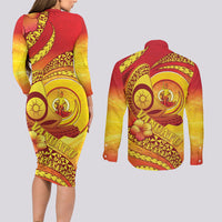 Vanuatu 46 Yia Indipendens Anivesari Couples Matching Long Sleeve Bodycon Dress and Long Sleeve Button Shirt Tamtam Drum With Boar Tusk LT05 - Polynesian Pride