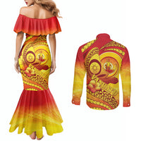 Vanuatu 46 Yia Indipendens Anivesari Couples Matching Mermaid Dress and Long Sleeve Button Shirt Tamtam Drum With Boar Tusk LT05 - Polynesian Pride