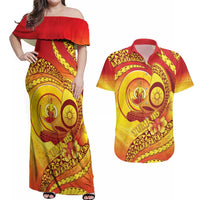 Vanuatu 46 Yia Indipendens Anivesari Couples Matching Off Shoulder Maxi Dress and Hawaiian Shirt Tamtam Drum With Boar Tusk LT05 Yellow - Polynesian Pride