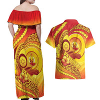 Vanuatu 46 Yia Indipendens Anivesari Couples Matching Off Shoulder Maxi Dress and Hawaiian Shirt Tamtam Drum With Boar Tusk LT05 - Polynesian Pride