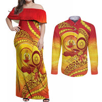 Vanuatu 46 Yia Indipendens Anivesari Couples Matching Off Shoulder Maxi Dress and Long Sleeve Button Shirt Tamtam Drum With Boar Tusk LT05 Yellow - Polynesian Pride