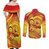Vanuatu 46 Yia Indipendens Anivesari Couples Matching Off Shoulder Maxi Dress and Long Sleeve Button Shirt Tamtam Drum With Boar Tusk LT05 - Polynesian Pride