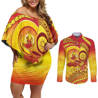 Vanuatu 46 Yia Indipendens Anivesari Couples Matching Off Shoulder Short Dress and Long Sleeve Button Shirt Tamtam Drum With Boar Tusk LT05 Yellow - Polynesian Pride