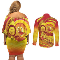 Vanuatu 46 Yia Indipendens Anivesari Couples Matching Off Shoulder Short Dress and Long Sleeve Button Shirt Tamtam Drum With Boar Tusk LT05 - Polynesian Pride