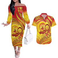 Vanuatu 45 Yia Indipendens Anivesari Couples Matching Off The Shoulder Long Sleeve Dress and Hawaiian Shirt Tamtam Drum With Boar Tusk LT05 Yellow - Polynesian Pride