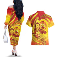 Vanuatu 45 Yia Indipendens Anivesari Couples Matching Off The Shoulder Long Sleeve Dress and Hawaiian Shirt Tamtam Drum With Boar Tusk LT05 - Polynesian Pride