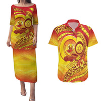 Vanuatu 46 Yia Indipendens Anivesari Couples Matching Puletasi and Hawaiian Shirt Tamtam Drum With Boar Tusk LT05 Yellow - Polynesian Pride
