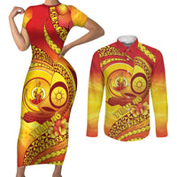 Vanuatu 46 Yia Indipendens Anivesari Couples Matching Short Sleeve Bodycon Dress and Long Sleeve Button Shirt Tamtam Drum With Boar Tusk LT05 Yellow - Polynesian Pride