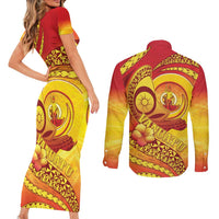 Vanuatu 46 Yia Indipendens Anivesari Couples Matching Short Sleeve Bodycon Dress and Long Sleeve Button Shirt Tamtam Drum With Boar Tusk LT05 - Polynesian Pride