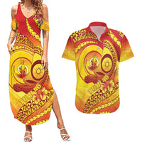 Vanuatu 46 Yia Indipendens Anivesari Couples Matching Summer Maxi Dress and Hawaiian Shirt Tamtam Drum With Boar Tusk LT05 Yellow - Polynesian Pride
