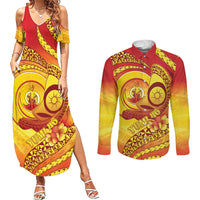 Vanuatu 46 Yia Indipendens Anivesari Couples Matching Summer Maxi Dress and Long Sleeve Button Shirt Tamtam Drum With Boar Tusk LT05 Yellow - Polynesian Pride