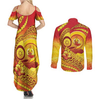 Vanuatu 46 Yia Indipendens Anivesari Couples Matching Summer Maxi Dress and Long Sleeve Button Shirt Tamtam Drum With Boar Tusk LT05 - Polynesian Pride
