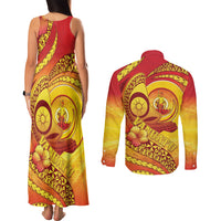 Vanuatu 46 Yia Indipendens Anivesari Couples Matching Tank Maxi Dress and Long Sleeve Button Shirt Tamtam Drum With Boar Tusk LT05 - Polynesian Pride