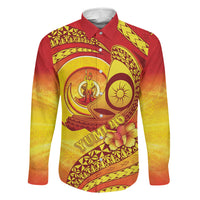 Vanuatu 45 Yia Indipendens Anivesari Family Matching Off Shoulder Maxi Dress and Hawaiian Shirt Tamtam Drum With Boar Tusk LT05 Dad's Shirt - Long Sleeve Yellow - Polynesian Pride