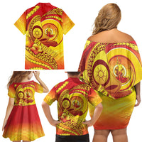 Vanuatu 45 Yia Indipendens Anivesari Family Matching Off Shoulder Short Dress and Hawaiian Shirt Tamtam Drum With Boar Tusk LT05 - Polynesian Pride