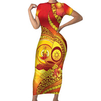 Vanuatu 45 Yia Indipendens Anivesari Family Matching Short Sleeve Bodycon Dress and Hawaiian Shirt Tamtam Drum With Boar Tusk LT05 Mom's Dress Yellow - Polynesian Pride