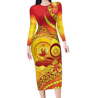Vanuatu 46 Yia Indipendens Anivesari Long Sleeve Bodycon Dress Tamtam Drum With Boar Tusk LT05 Long Dress Yellow - Polynesian Pride