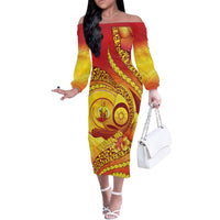 Vanuatu 46 Yia Indipendens Anivesari Off The Shoulder Long Sleeve Dress Tamtam Drum With Boar Tusk LT05 Women Yellow - Polynesian Pride