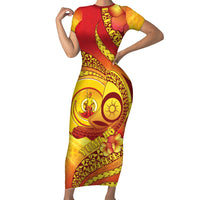 Vanuatu 46 Yia Indipendens Anivesari Short Sleeve Bodycon Dress Tamtam Drum With Boar Tusk LT05 Long Dress Yellow - Polynesian Pride