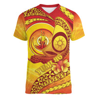 Vanuatu 46 Yia Indipendens Anivesari Women V-Neck T-Shirt Tamtam Drum With Boar Tusk LT05 Female Yellow - Polynesian Pride