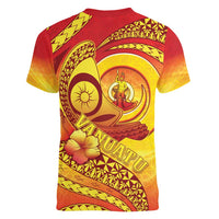 Vanuatu 46 Yia Indipendens Anivesari Women V-Neck T-Shirt Tamtam Drum With Boar Tusk LT05 - Polynesian Pride