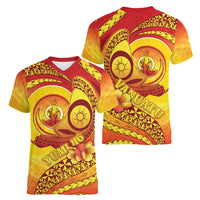 Vanuatu 45 Yia Indipendens Anivesari Women V-Neck T-Shirt Tamtam Drum With Boar Tusk LT05 - Polynesian Pride