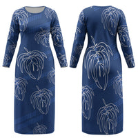Aloha Hawaii Acacia Koa Leaves Family Matching Long Sleeve Bodycon Dress and Hawaiian Shirt Navy Kakau Tribal Pattern LT05 Mom's Dress Navy - Polynesian Pride