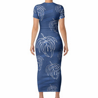 Aloha Hawaii Acacia Koa Leaves Short Sleeve Bodycon Dress Navy Kakau Tribal Pattern