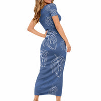 Aloha Hawaii Acacia Koa Leaves Short Sleeve Bodycon Dress Navy Kakau Tribal Pattern
