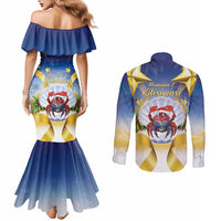 Niue Christmas Couples Matching Mermaid Dress and Long Sleeve Button Shirt Seashell Santa Beach Vibes - Polynesian Pride