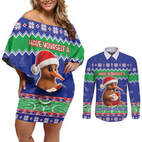 New Zealand Christmas Couples Matching Off Shoulder Short Dress and Long Sleeve Button Shirt Have Yourself A Kiwi-tastic Christmas LT05 Blue - Polynesian Pride