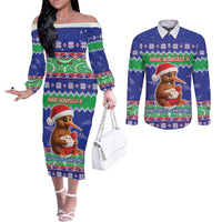 New Zealand Christmas Couples Matching Off The Shoulder Long Sleeve Dress and Long Sleeve Button Shirt Have Yourself A Kiwi-tastic Christmas LT05 Blue - Polynesian Pride