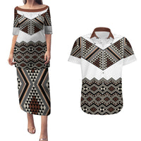 New Zealand Aotearoa Couples Matching Puletasi Dress and Hawaiian Shirt Taniko Art Simple Style LT05 Brown - Polynesian Pride