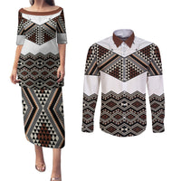 New Zealand Aotearoa Couples Matching Puletasi Dress and Long Sleeve Button Shirt Taniko Art Simple Style LT05 Brown - Polynesian Pride