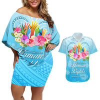 Universal Human Rights Month Couples Matching Off Shoulder Short Dress and Hawaiian Shirt Polynesian Style LT05 Blue - Polynesian Pride